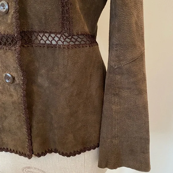 White Stag Womens Vintage Brown Suede Blazer w Macramé Trim Size 4/6 - Picture 8 of 11
